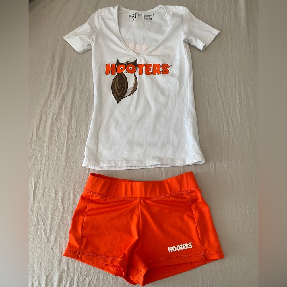HOOTERS uniform short sleeve top and orange shorts